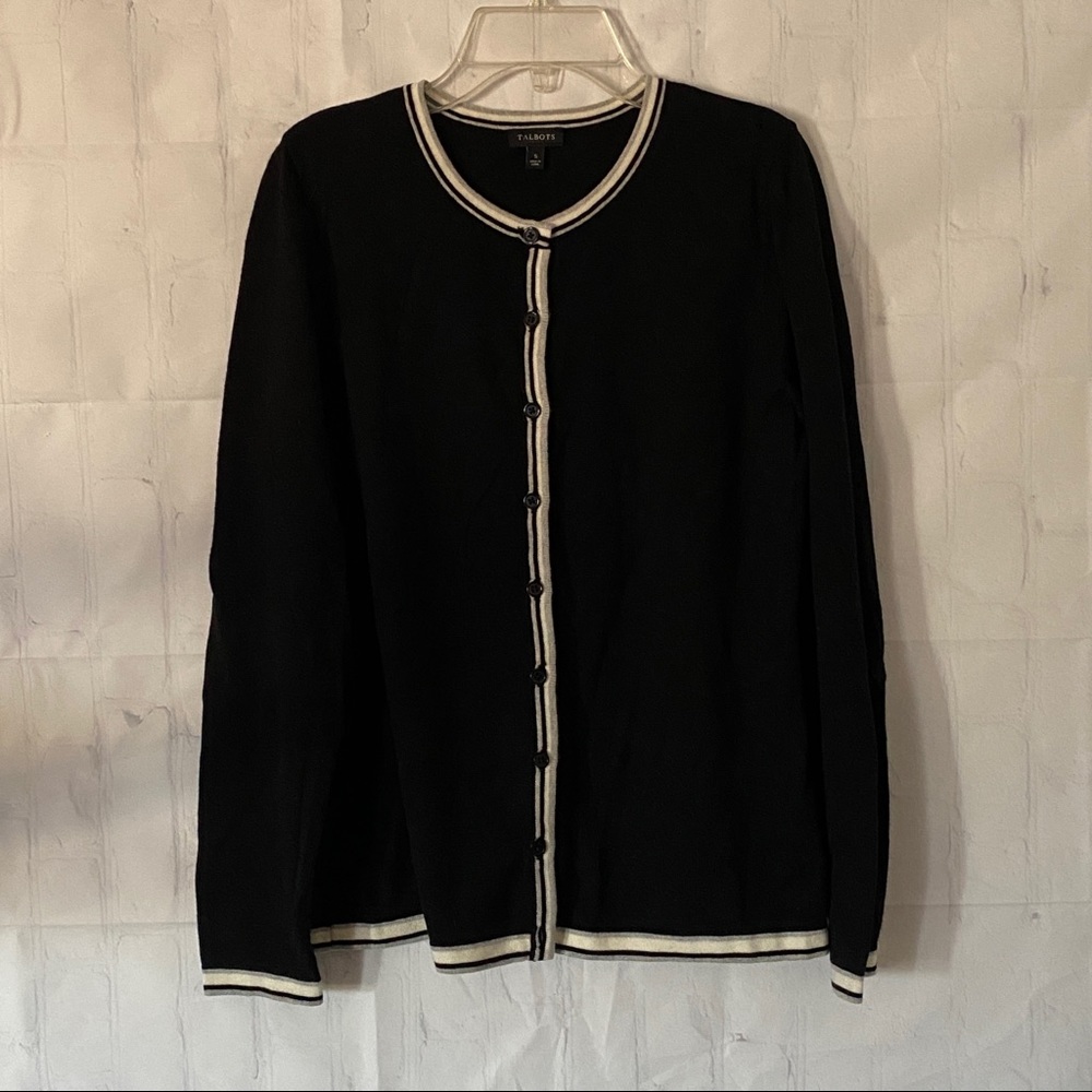 Talbots knit black sweater with accent black, gray & white trim, Size Small